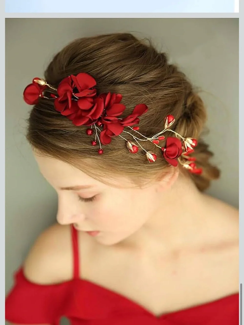 Amazon Red Floral Hair Vine with Gold Accents